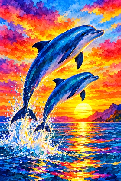 Portrait canvas of dolphins leaping from ocean waves under a vibrant orange, pink, and purple watercolor sunset sky.