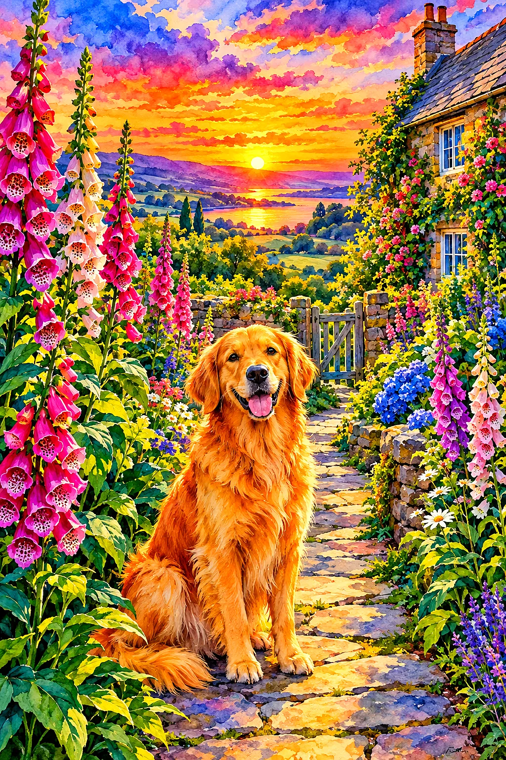 Portrait diamond painting kit depicting an English garden path with vibrant pink and purple foxgloves under a vivid sunset sky, in a luminous watercol