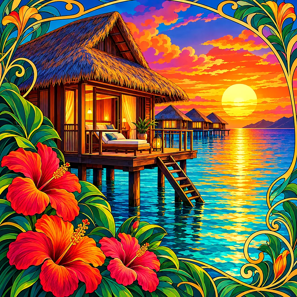 Close-up square diamond painting of art nouveau overwater bungalows at sunset with flowing ornamental lines and rich jewel tones.