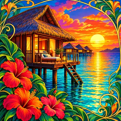 Close-up square diamond painting of art nouveau overwater bungalows at sunset with flowing ornamental lines and rich jewel tones.