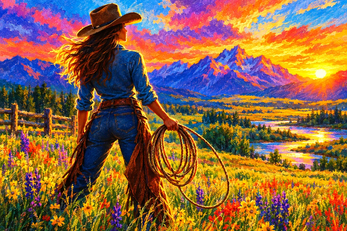 A landscape diamond painting depicting a cowgirl with a lasso in a field, silhouetted against a dramatic sunset with vibrant, soft pastel chalk drawin