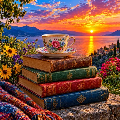 Hyper-detailed square diamond painting depicting a stack of old books and a teacup under a vivid sunset sky, with warm and inviting colors.