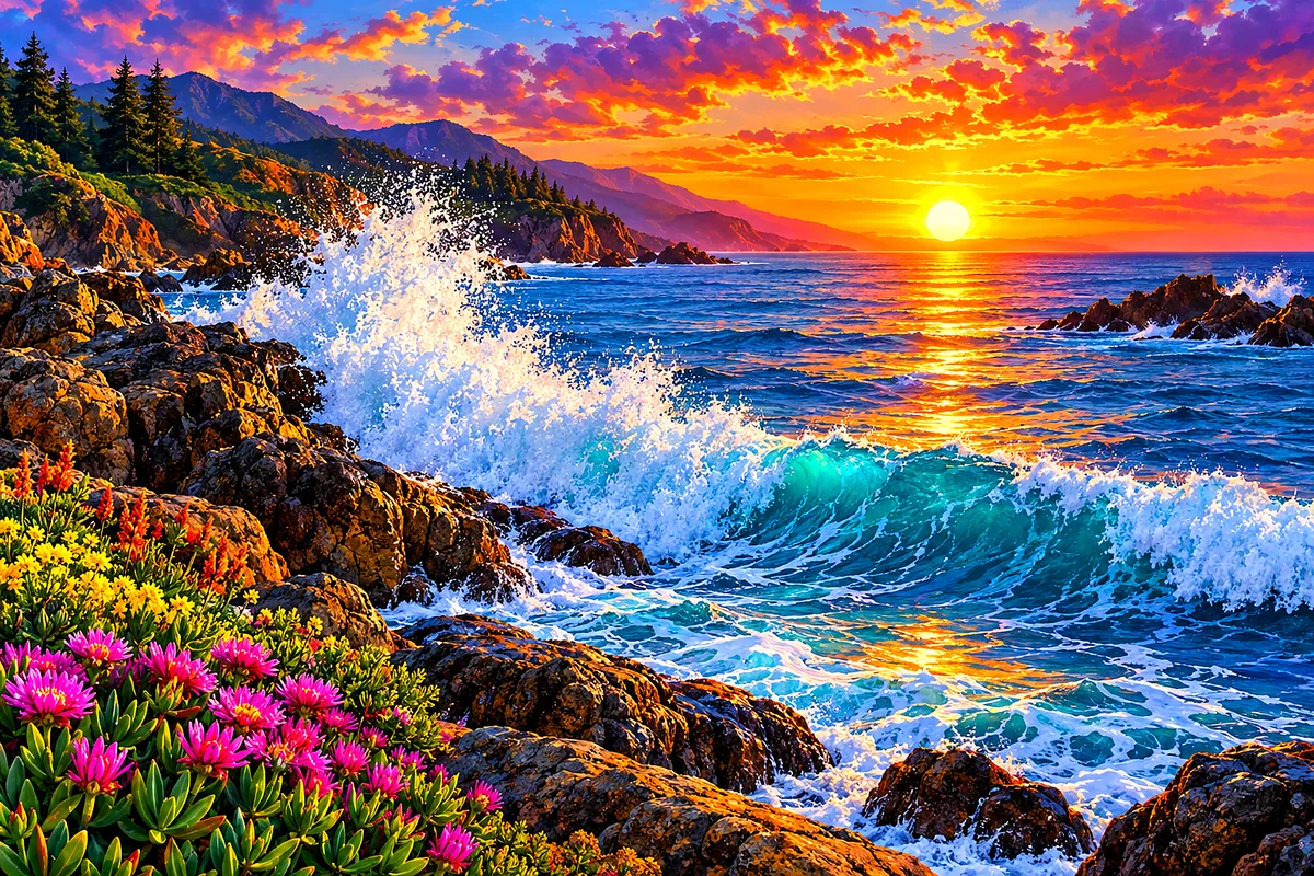 Wide landscape diamond painting featuring lush botanical illustration of ocean waves crashing on dark rocks during a vivid sunset with orange, pink, a