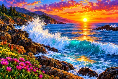 Wide landscape diamond painting featuring lush botanical illustration of ocean waves crashing on dark rocks during a vivid sunset with orange, pink, a