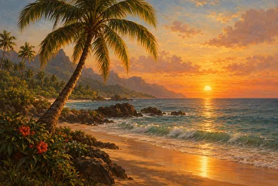 A completed diamond painting depicting a tropical beach at sunset with several palm trees, rendered in a classical oil painting style with warm, earth