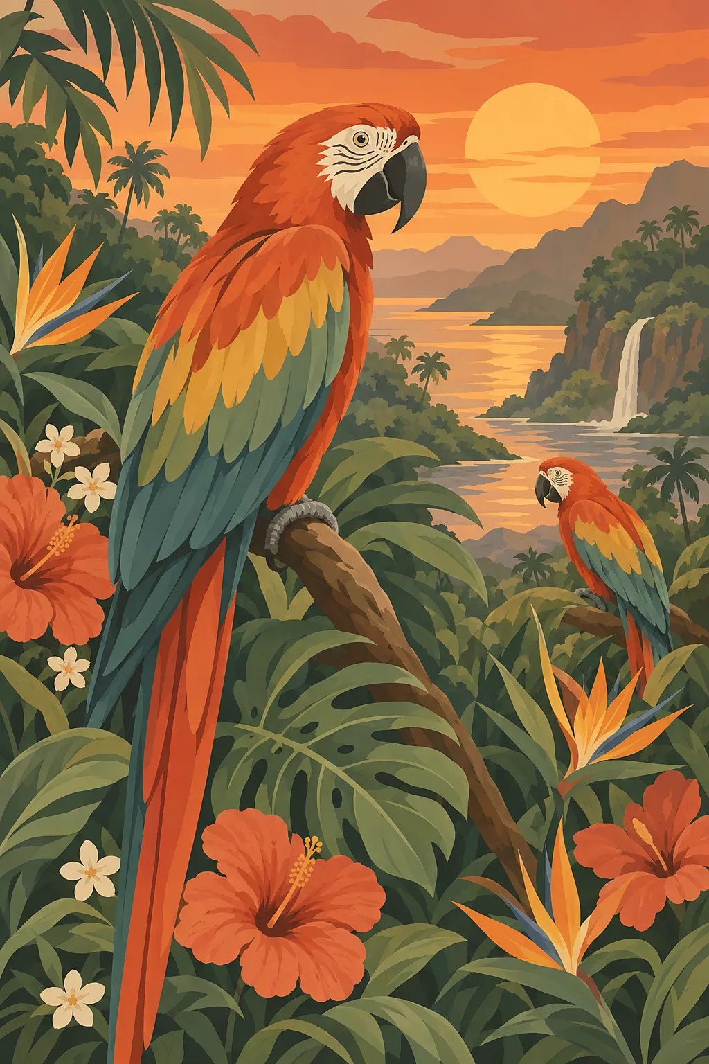 Two vibrantly colored parrots perched in a lush, flowering jungle under a vivid sunset sky, rendered in a modern boho illustration style with terracot
