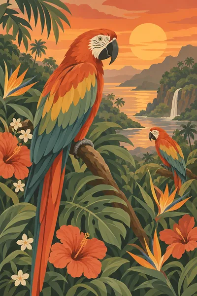 Two vibrantly colored parrots perched in a lush, flowering jungle under a vivid sunset sky, rendered in a modern boho illustration style with terracot