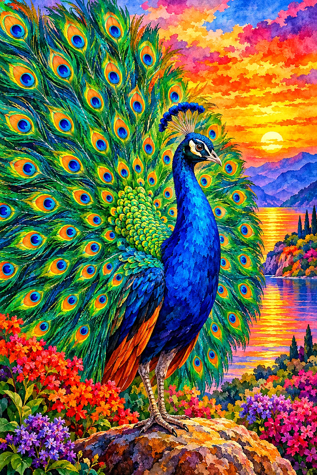 Close-up of a finished diamond painting depicting a vibrant peacock displaying its iridescent tail feathers under a warm, vivid sunset sky, rendered i