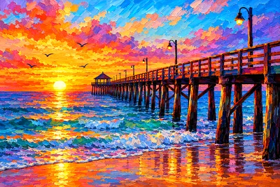 A landscape diamond painting kit canvas depicting a pier stretching into a pastel sunset with bold, saturated impasto-style colors.