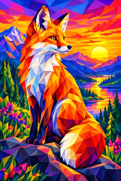 A completed diamond painting featuring a low-poly geometric fox with sharp, colorful facets, set against a vivid sunset sky.