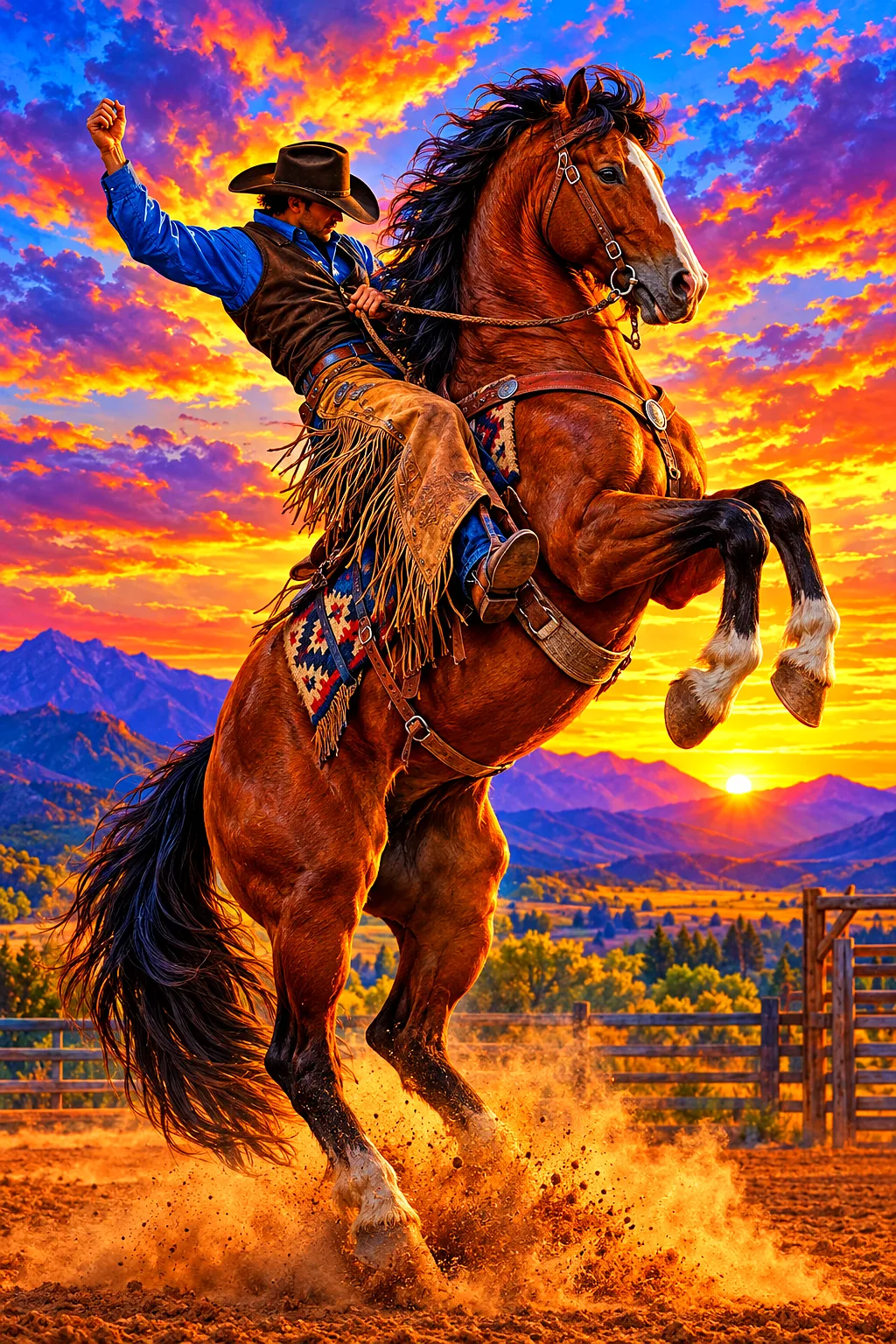 A powerful rodeo horse rearing up in golden dust against a vivid, orange and red sunset sky, rendered in a polished digital art style.