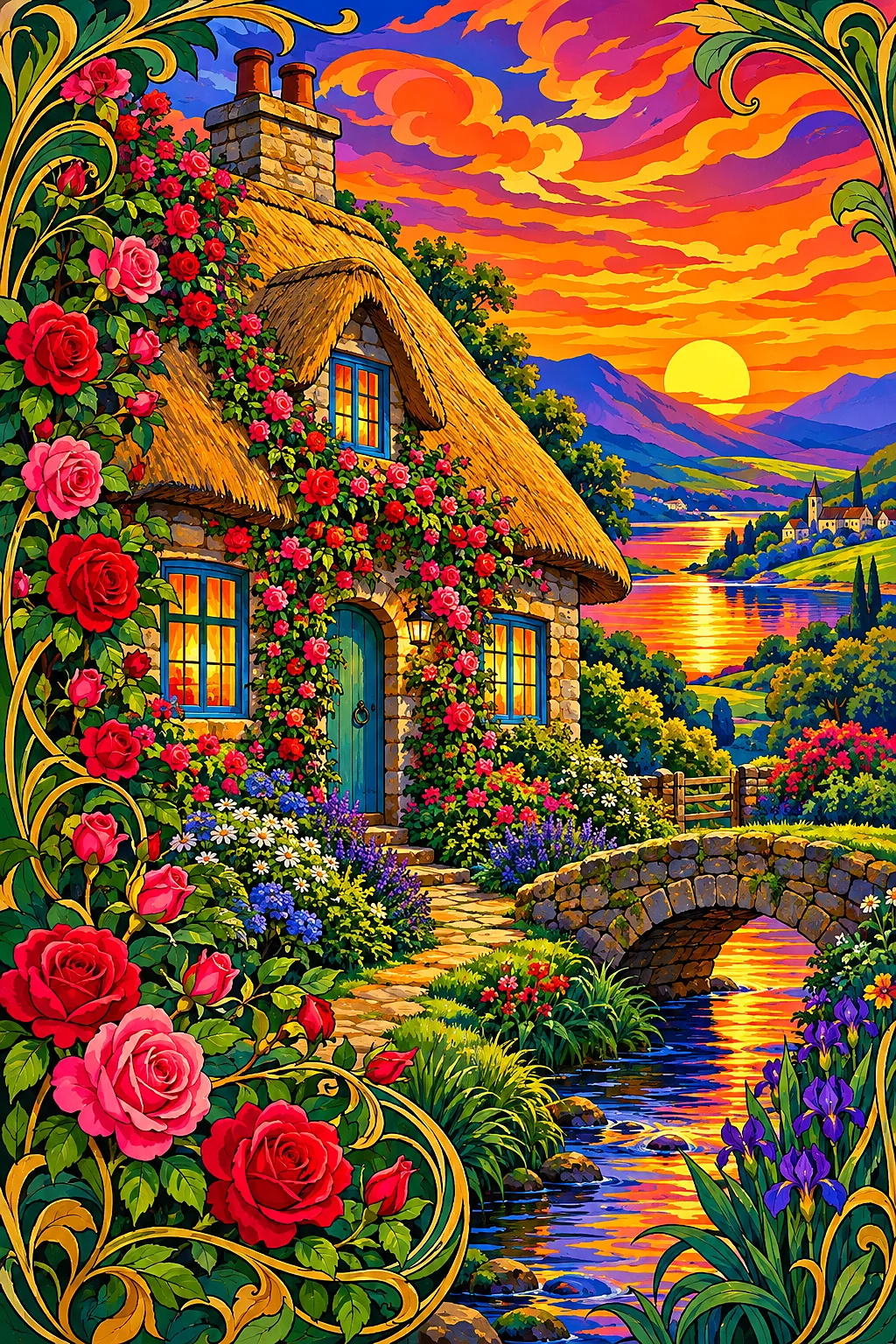 A diamond painting depicting a charming thatched cottage covered in climbing roses under a vibrant orange and purple sunset sky, in an art nouveau pos