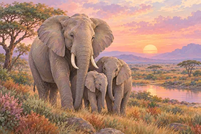 Diamond painting kit depicting an elephant family walking together on a savanna at sunset, rendered in soft pastel colors of powder pink, sage green,