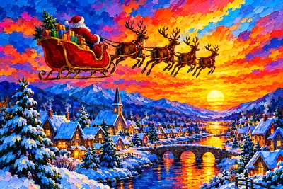 Impasto oil painting style diamond painting of a Santa sleigh flying over a snowy village under a vivid sunset sky.