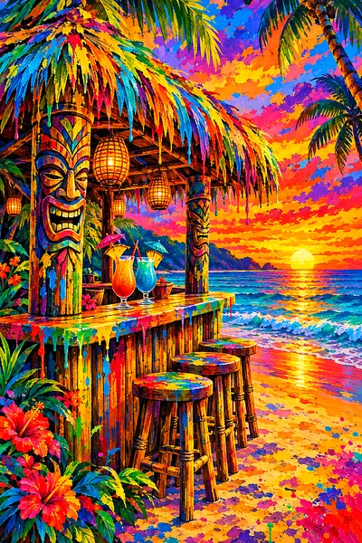 High-energy acrylic painting of a tiki bar on the sand at sunset with rainbow paint splashes and drips in a portrait orientation.