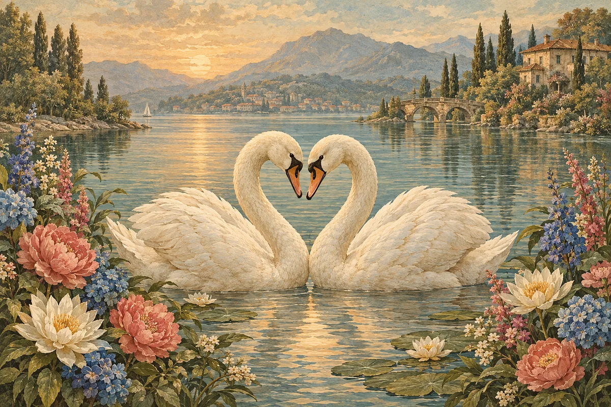 Landscape diamond painting kit featuring two swans forming a heart on a lake, surrounded by colorful flowers. Artwork is in an antique hand-tinted sty