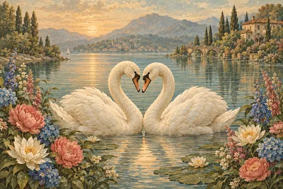 Landscape diamond painting kit featuring two swans forming a heart on a lake, surrounded by colorful flowers. Artwork is in an antique hand-tinted sty