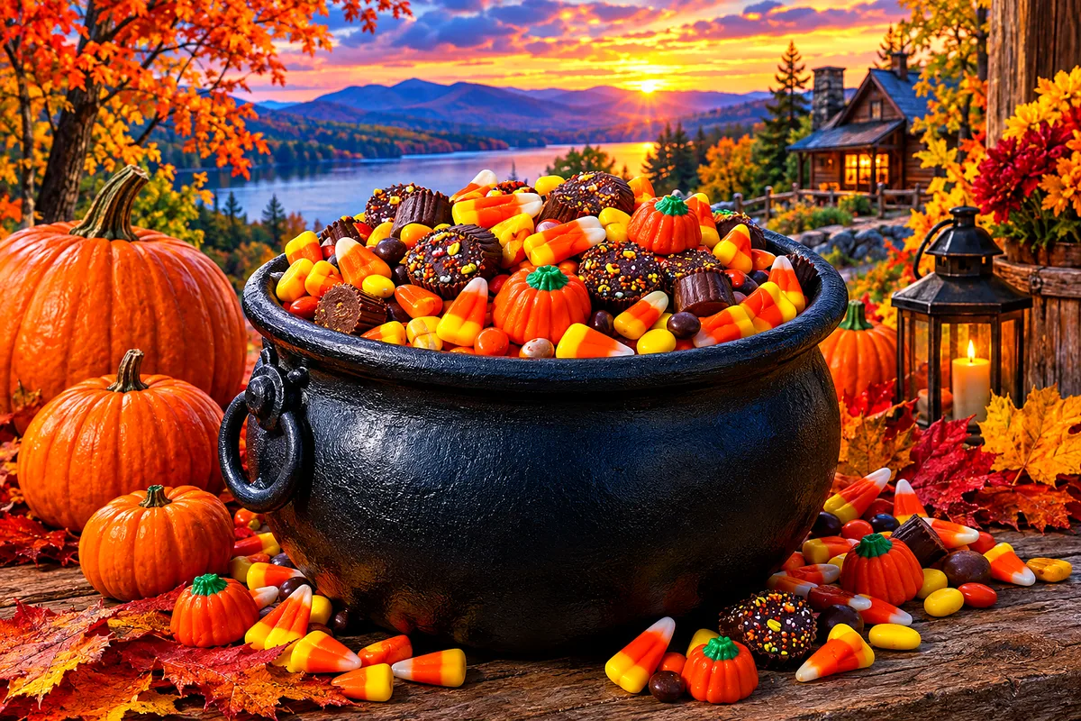 Hyper-detailed photorealistic diamond painting of a rustic cauldron overflowing with vibrant candy corn and other colorful Halloween treats, set again