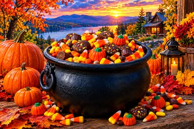 Hyper-detailed photorealistic diamond painting of a rustic cauldron overflowing with vibrant candy corn and other colorful Halloween treats, set again