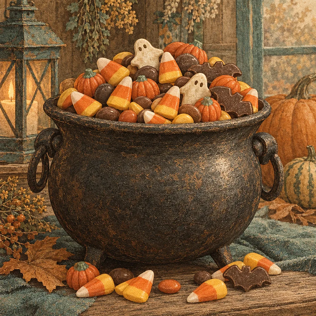 Close-up square diamond painting canvas showing an antique hand-tinted illustration of a cauldron brimming with candy corn and various Halloween treat