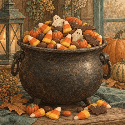 Close-up square diamond painting canvas showing an antique hand-tinted illustration of a cauldron brimming with candy corn and various Halloween treat