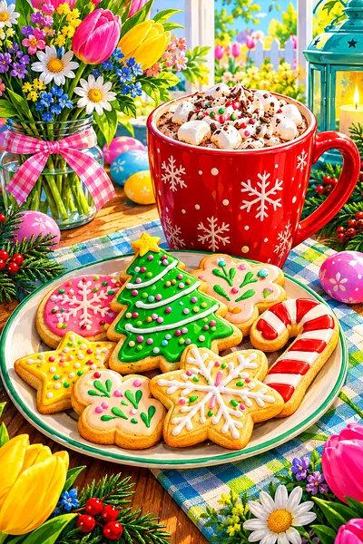A close-up, top-down view of a diamond painting depicting two mugs of hot cocoa with whipped cream and marshmallows, surrounded by various festive Chr