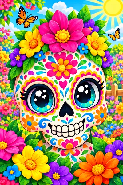 Close-up of a finished colorful sugar skull diamond painting kit, featuring a kawaii cartoon style with big sparkling eyes, rounded shapes, and bright