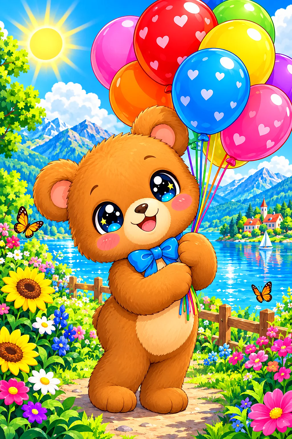 An adorable kawaii cartoon teddy bear with big sparkling eyes and rounded shapes, holding a large bunch of candy-colored balloons against a bright blu