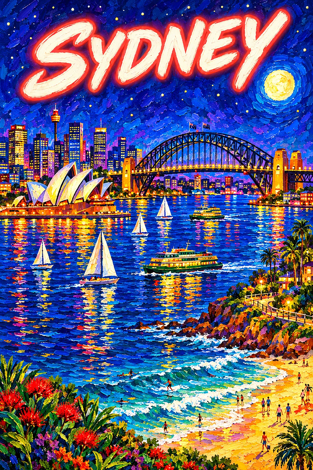 Portrait diamond painting kit featuring a night scene of Sydney harbor with a steel arch bridge, sailboats, ferries, a golden beach, glowing moon, sta