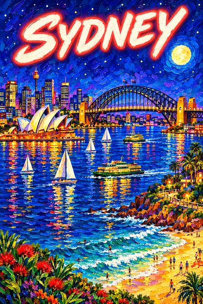 Portrait diamond painting kit featuring a night scene of Sydney harbor with a steel arch bridge, sailboats, ferries, a golden beach, glowing moon, sta