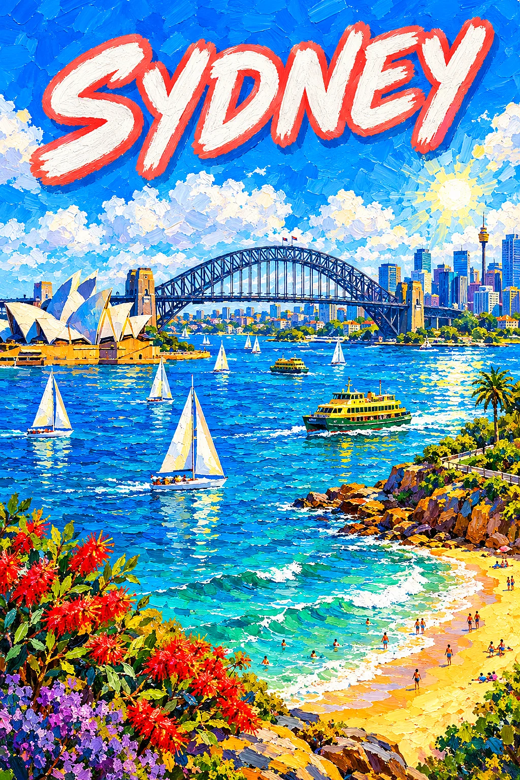 A completed diamond painting showing a bright, sunny harbor scene with a large steel arch bridge, sailboats, ferries, a golden beach, and a vivid blue