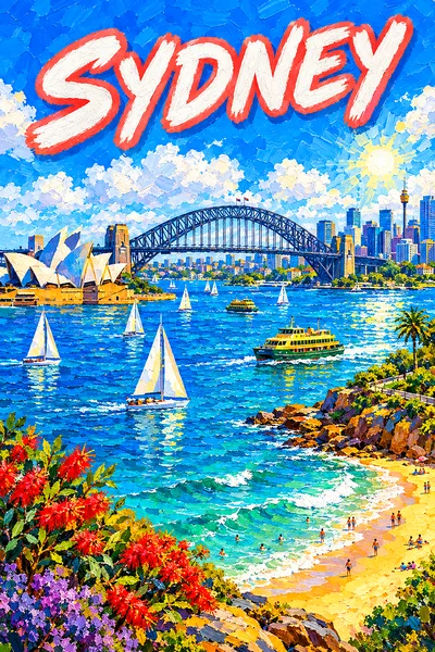 A completed diamond painting showing a bright, sunny harbor scene with a large steel arch bridge, sailboats, ferries, a golden beach, and a vivid blue