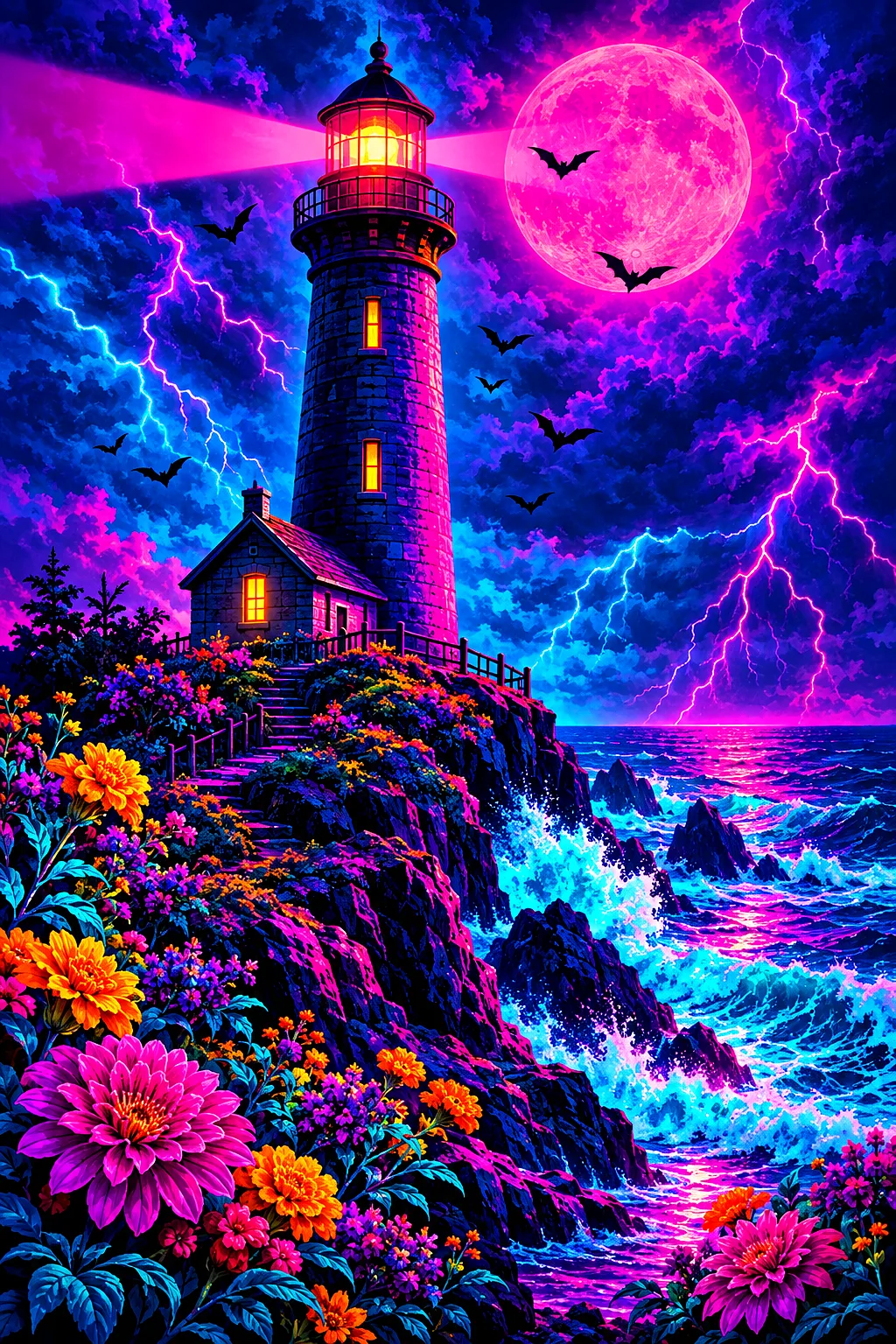 Portrait diamond painting kit showing a retro 1980s synthwave artwork of a spooky lighthouse on a stormy Halloween night, surrounded by colorful, glow