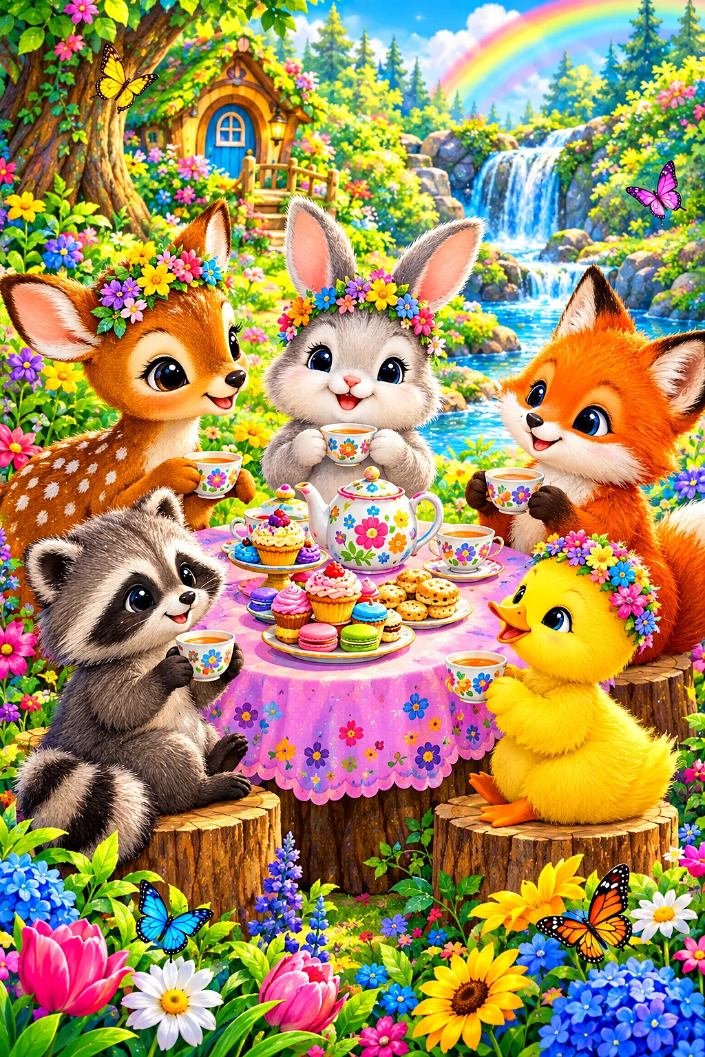 A whimsical storybook illustration of various baby animals, including a bear, fox, and rabbit, having a tea party outdoors with soft glowing light and