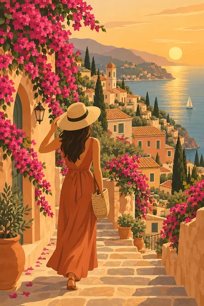 Portrait diamond painting of a hillside town with terracota, sage, mustard and sand colored houses, and stairs covered in pink flowers, bathed in warm