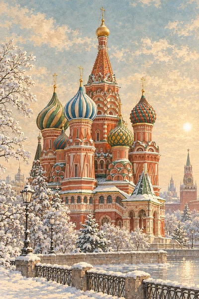 The colorful onion domes of saint basils cathedral in moscow on a sparkling winter day, antique hand-tinted vintage illustrat
