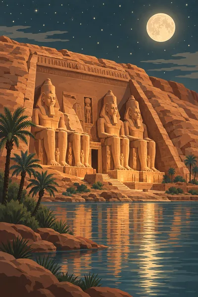 The giant carved temple of abu simbel on the nile glowing under moonlight and stars, modern boho illustration in terracotta,