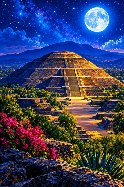 The pyramid of the sun at teotihuacan glowing under moonlight and stars, polished digital painting