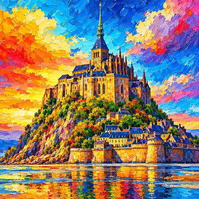 The tidal island abbey of mont-saint-michel in a close-up portrait composition, rich impasto oil painting