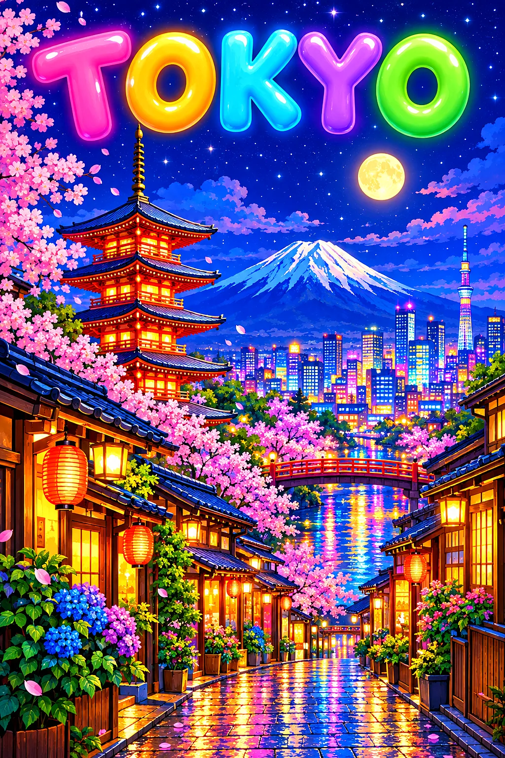 Whimsical diamond painting of a lantern-lit Tokyo street with a pagoda, cherry blossoms, a distant volcano, and city lights under a starry indigo sky.