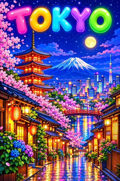 Whimsical diamond painting of a lantern-lit Tokyo street with a pagoda, cherry blossoms, a distant volcano, and city lights under a starry indigo sky.