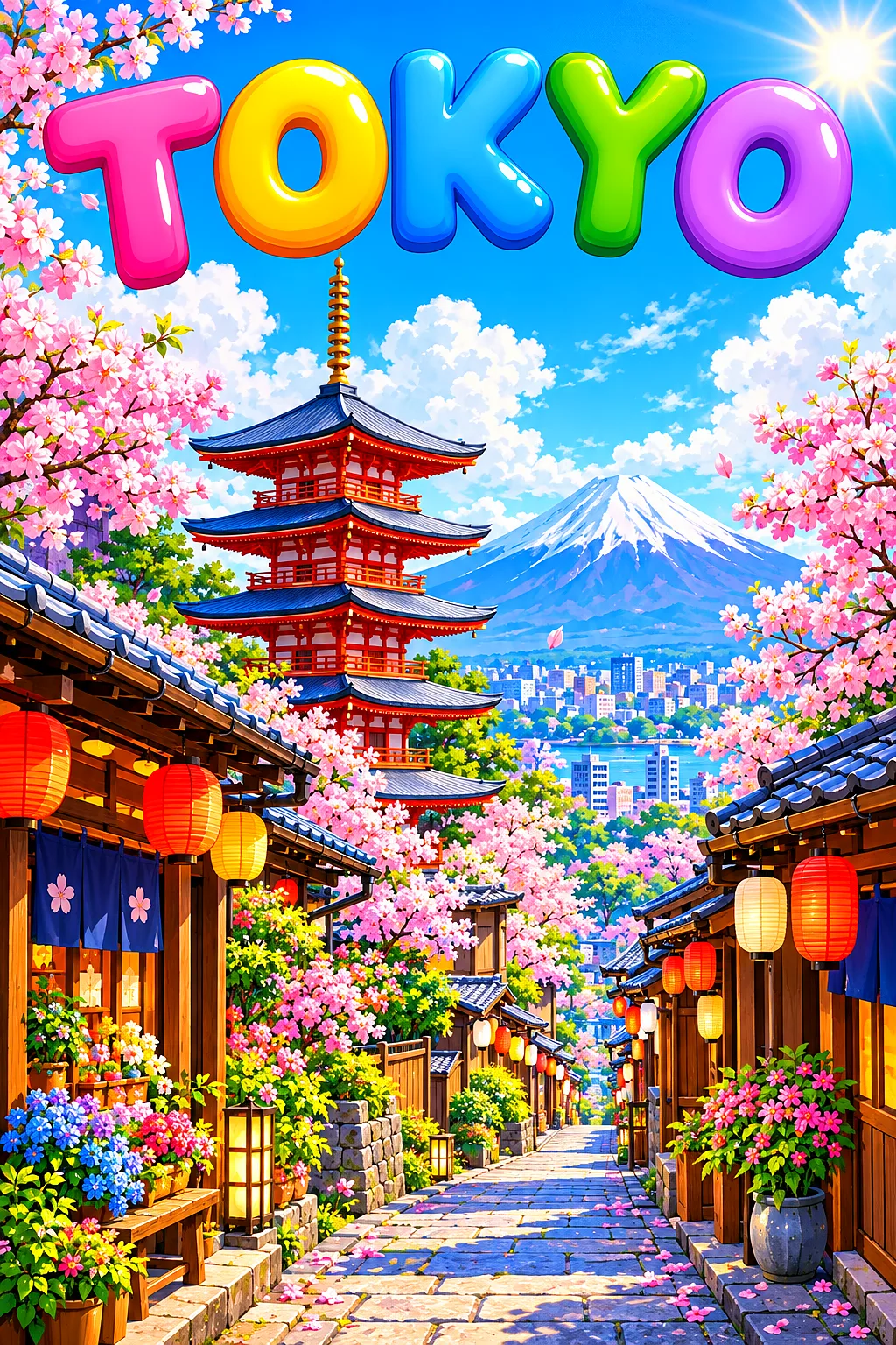 Whimsical illustration of a sunlit Tokyo street with a pagoda, lanterns, cherry blossoms, and a snow-capped volcano on the horizon.