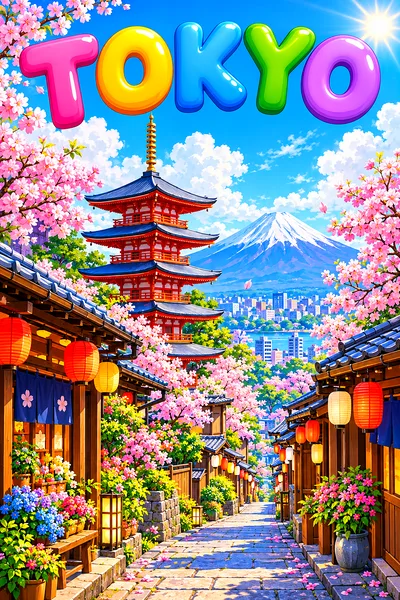Whimsical illustration of a sunlit Tokyo street with a pagoda, lanterns, cherry blossoms, and a snow-capped volcano on the horizon.