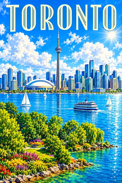 A diamond painting depicting a Canadian city's lakeside skyline with glass towers, sailboats, a ferry, and an island park under a bright blue sky.