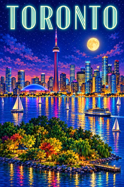 Portrait diamond painting of Toronto at night, showing a lakeshore skyline of glass towers, sailboats, a ferry, and an island park under a starry indi
