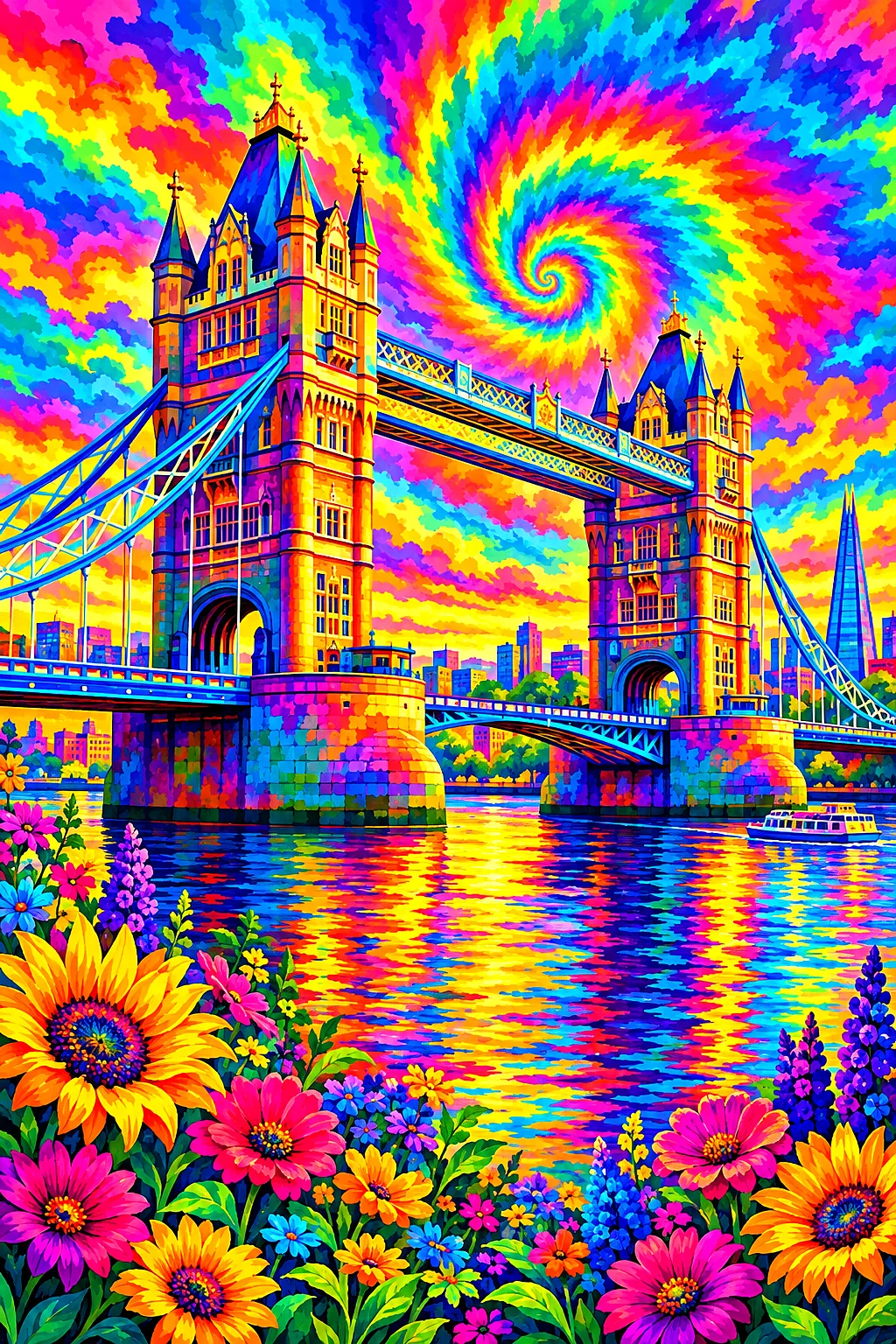 Tower bridge over the river thames in london surrounded by colorful flowers, psychedelic tie-dye swirl art