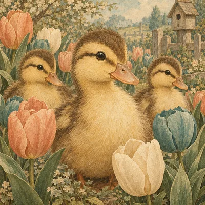 Close-up square diamond painting of small yellow ducklings in a garden of pink and white tulips, rendered in a soft sepia, cream, and faded teal antiq