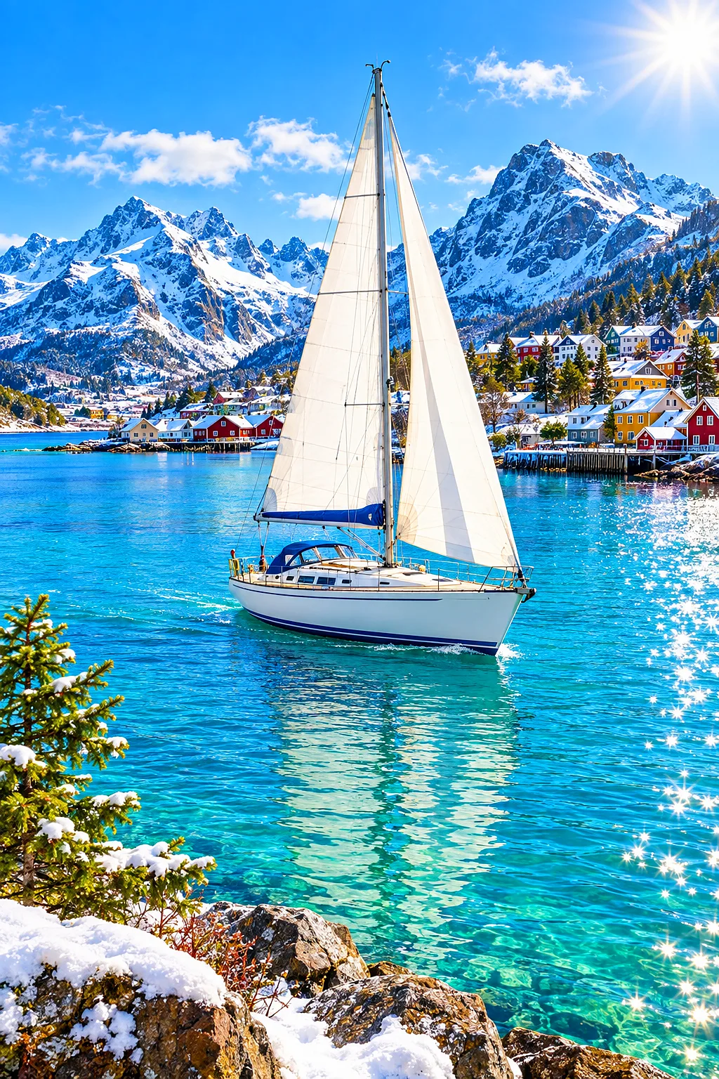 Hyper-detailed photorealistic diamond painting of a sailboat with white sails on a sparkling turquoise bay, seen on a clear winter day, in a portrait