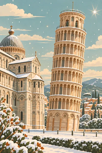 Modern boho illustration of the Leaning Tower of Pisa and its marble cathedral on a sparkling winter day, in terracotta, sage, mustard, and sand tones
