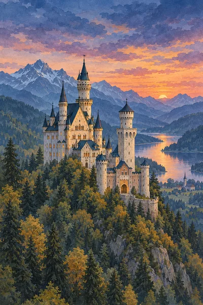 A diamond painting kit of a fairytale castle on a forested alpine hilltop in Bavaria, rendered in delicate ink and watercolor wash in muted slate blue